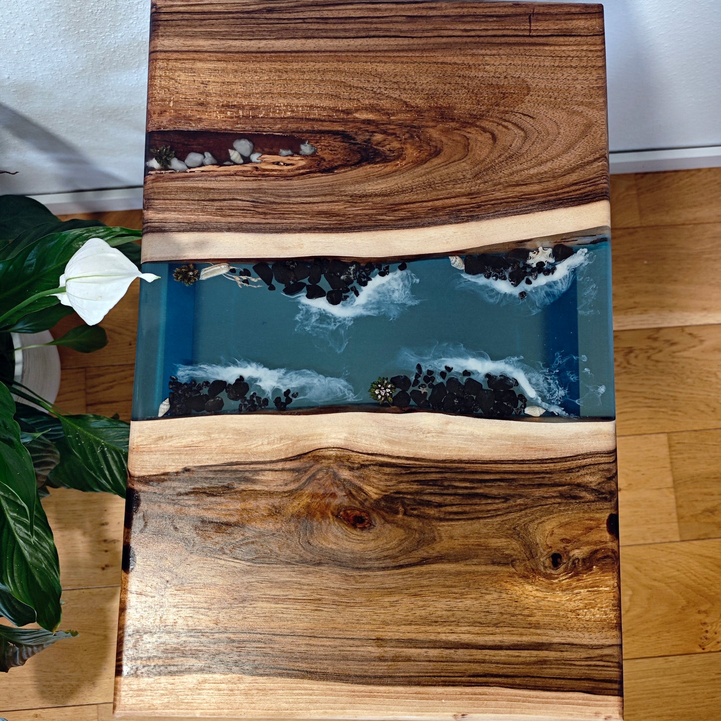 Side table made of walnut wood and epoxy resin