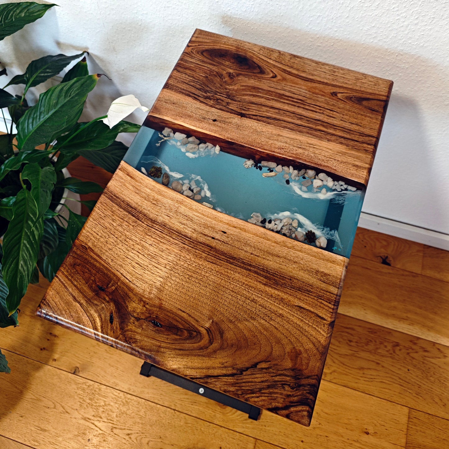 Side table made of walnut wood and epoxy resin