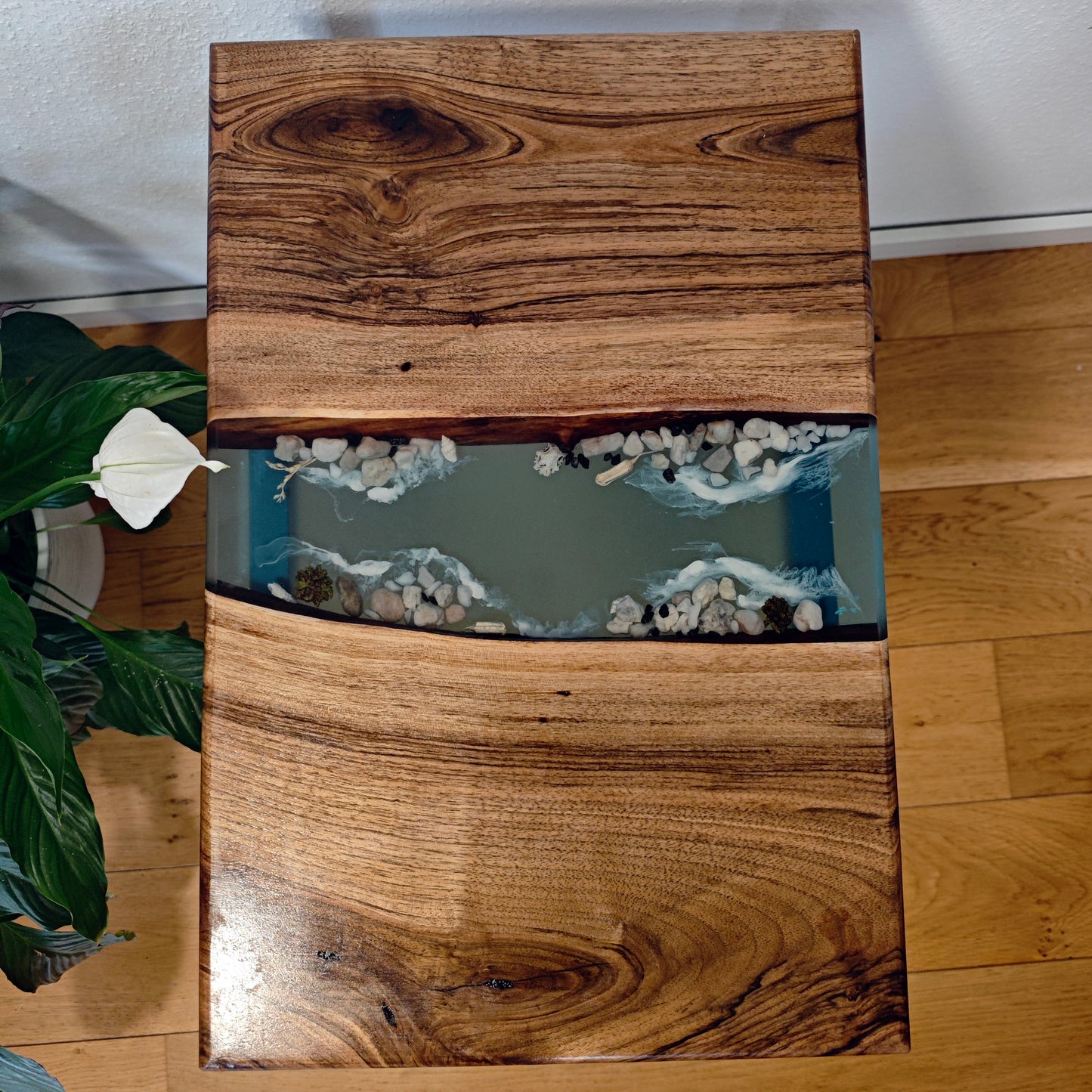 Side table made of walnut wood and epoxy resin