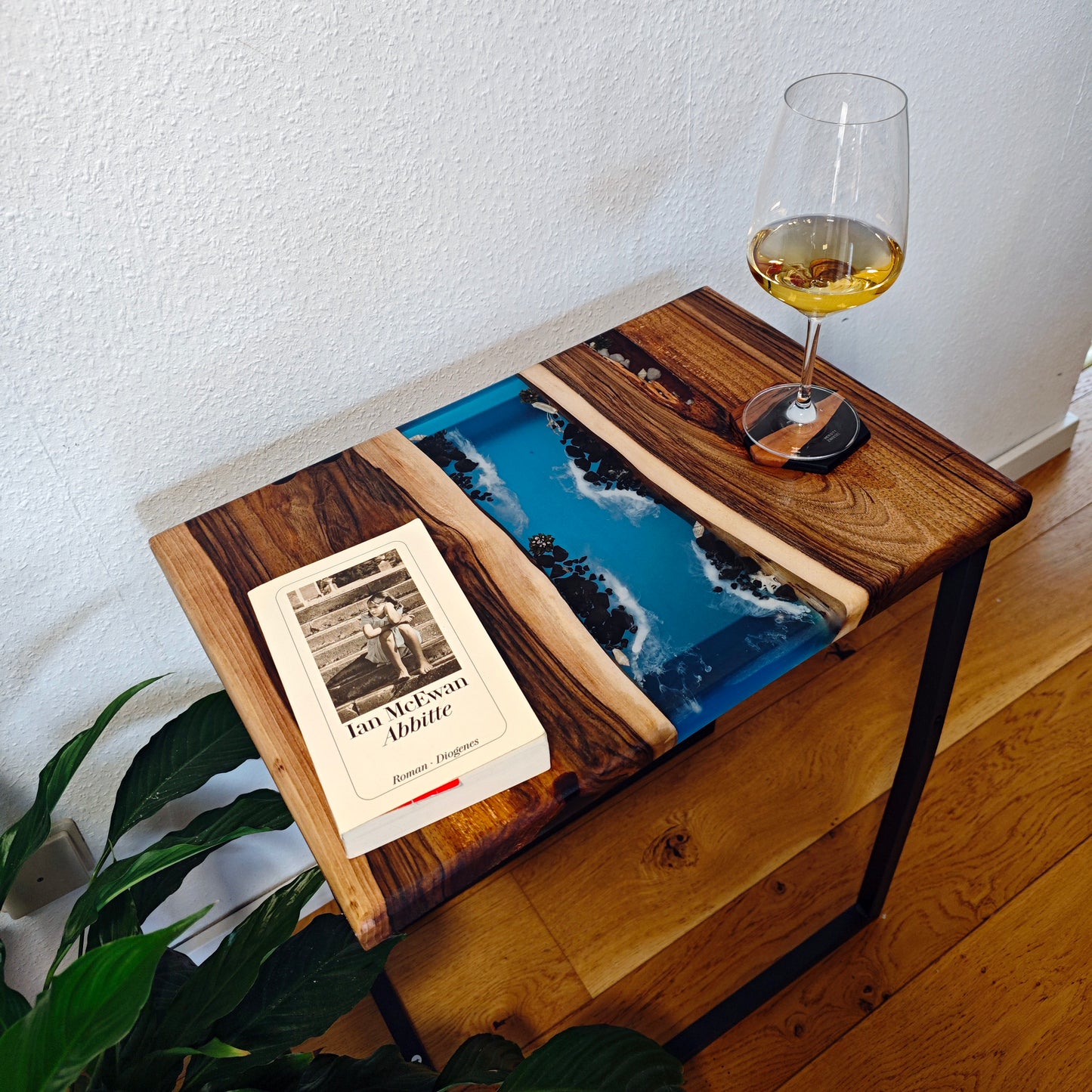 Side table made of walnut wood and epoxy resin